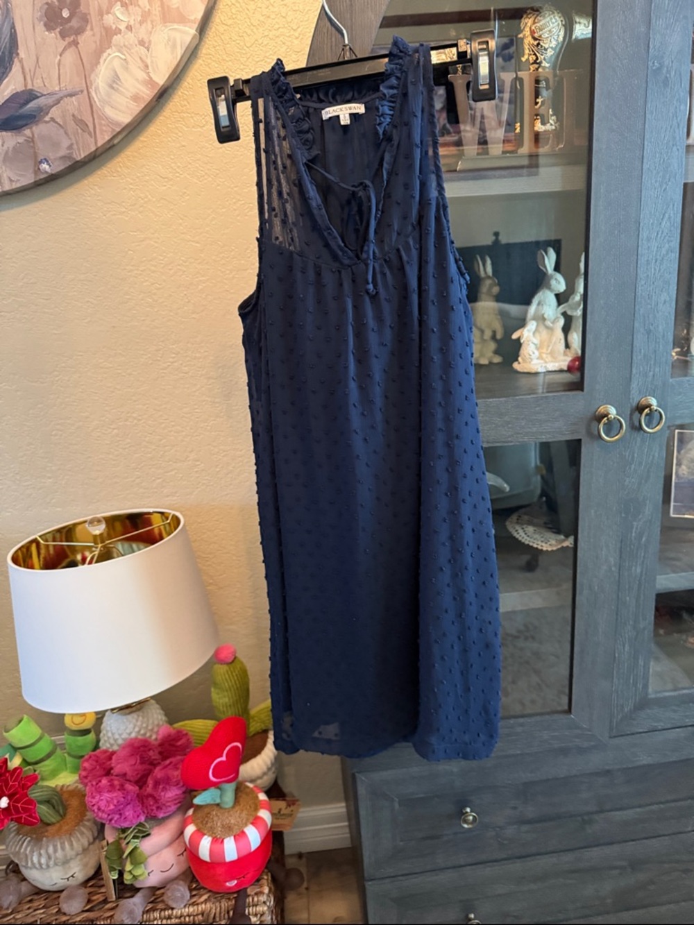 Black Swan Navy Sheer Dotted Ruffle Tie-Front Dress